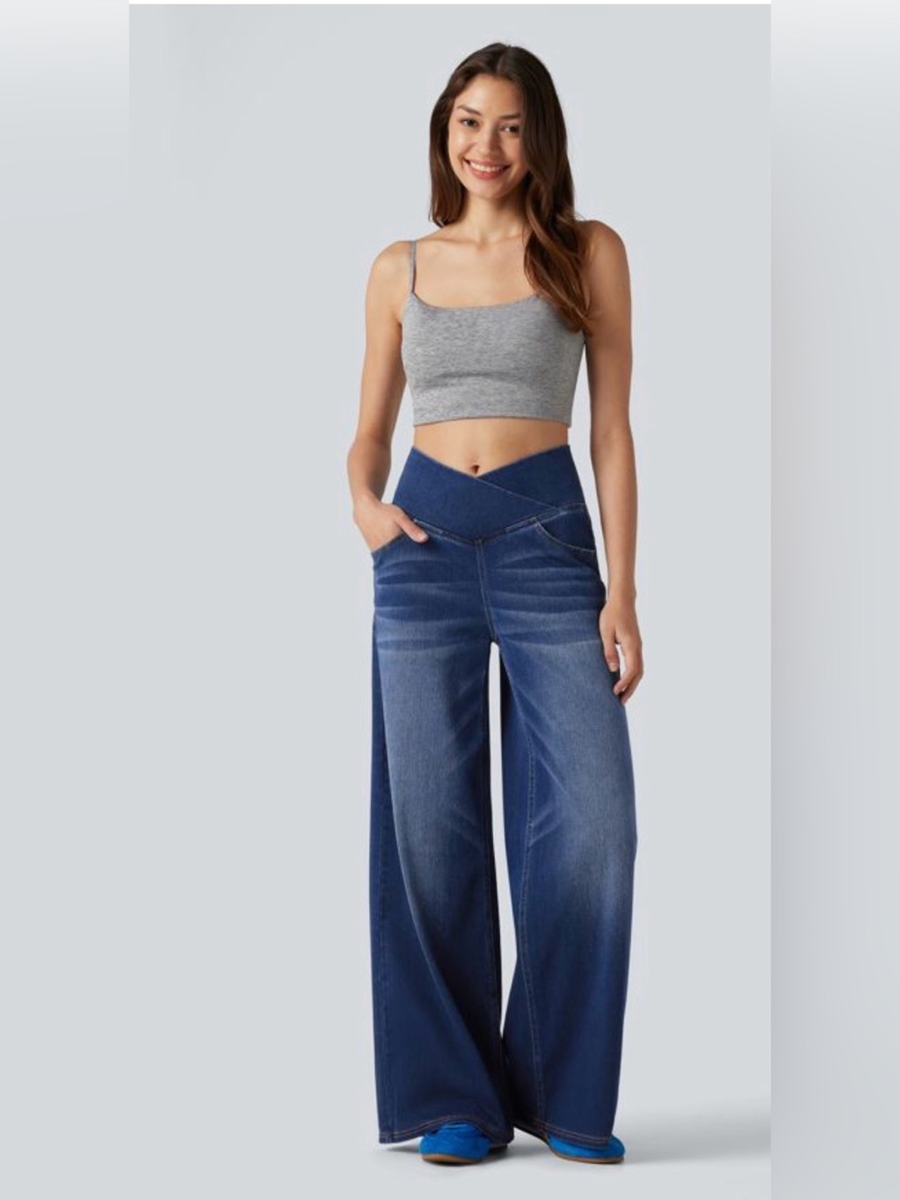 Halara Flex™ Crossover High Waisted Tummy Control Wide Leg Casual Jeans - Picture 2 of 8